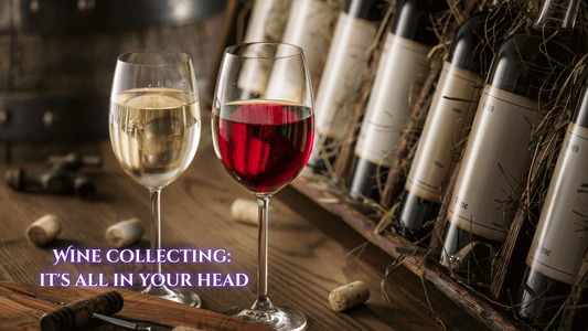 2 glasses of wine, 1 red and 1 white in front of a row of wine bottles