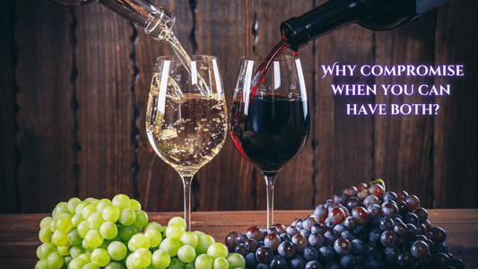 2 glasses of wine, one with white and one with red sitting with grapes