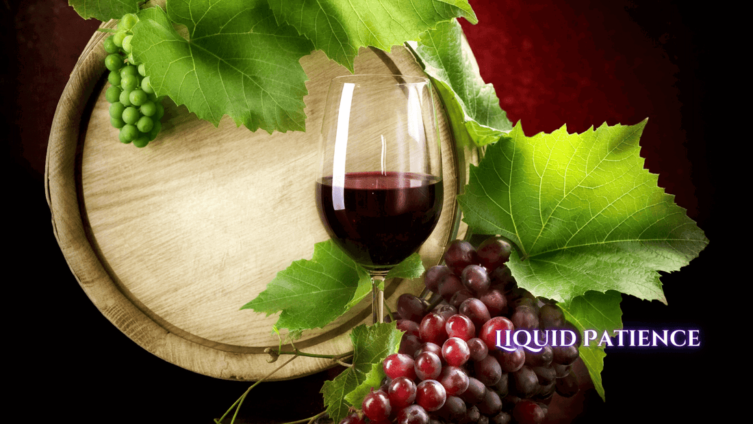 A glass of red wine positioned in front of a wine barrel and grapes