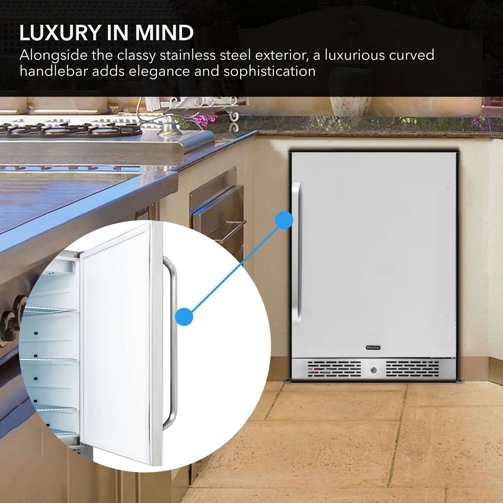 Whynter BOR-53024-SSW 24″ Built-In Energy Star 5.3 cu. ft. Indoor/Outdoor Beverage Refrigerator Cooler image of product description