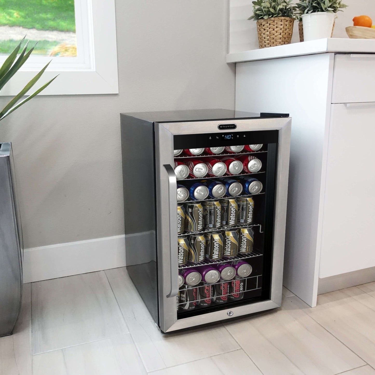 Whynter BR-1211DS 19″ 136 Can Stainless Freestanding Beverage Refrigerator/Cooler image of product standing in room