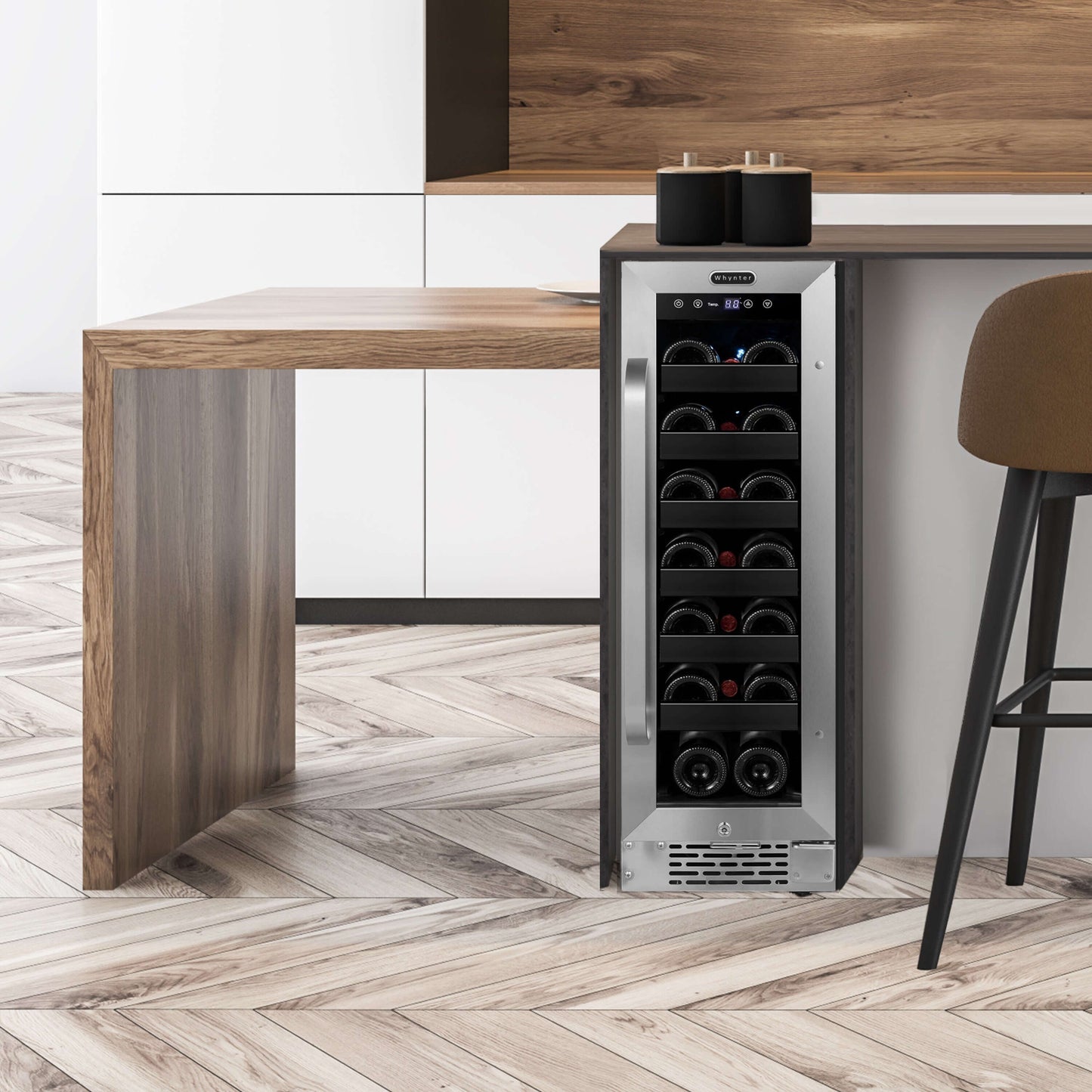 Whynter BWR-208SB 12″ Built-In 20 Bottle Under-counter Stainless Steel Wine Refrigerator image of unit built into cabinet