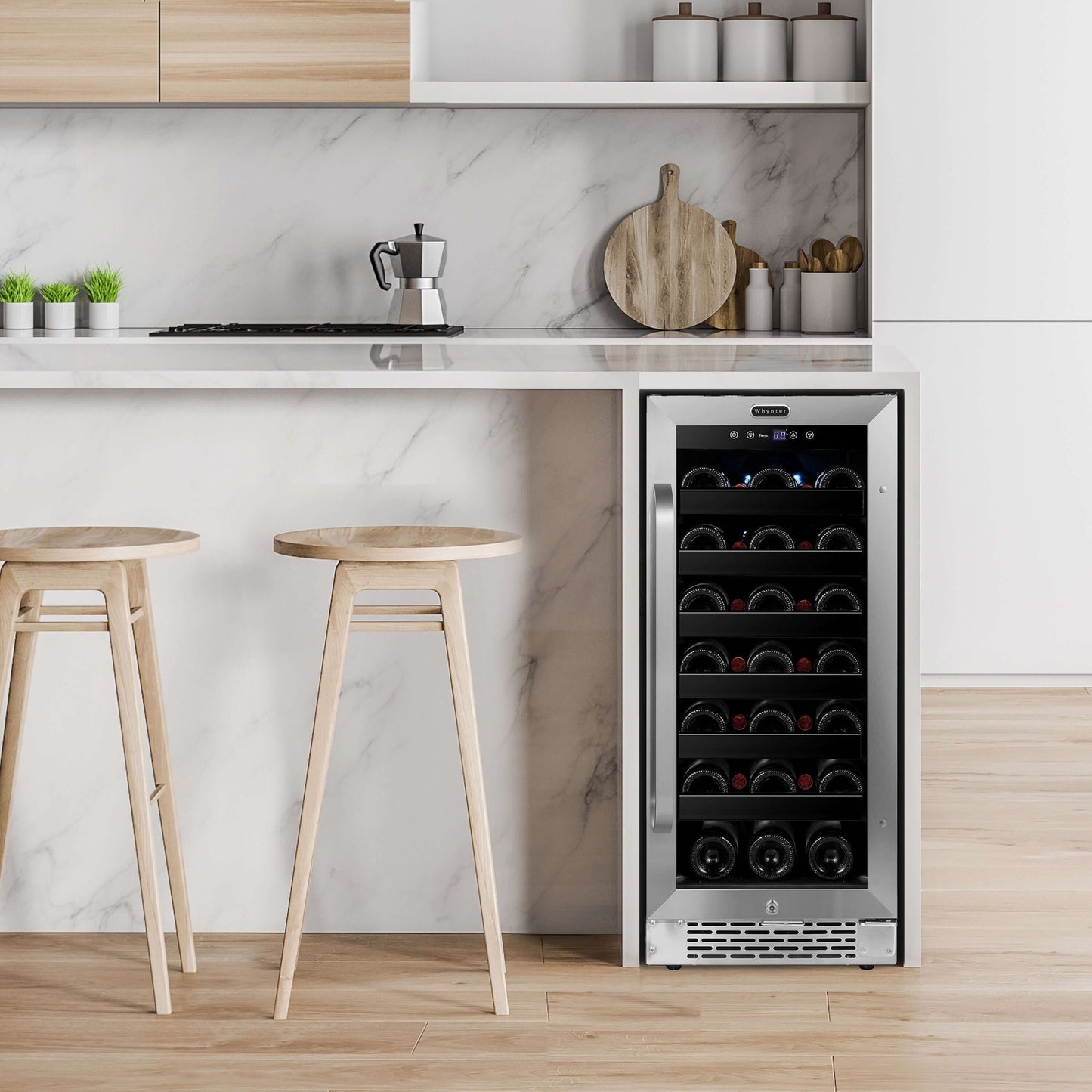 Whynter BWR-308SB 15″ Built-In 33 Bottle Under-counter Stainless Steel Wine Refrigerator image of unit built into cabinet