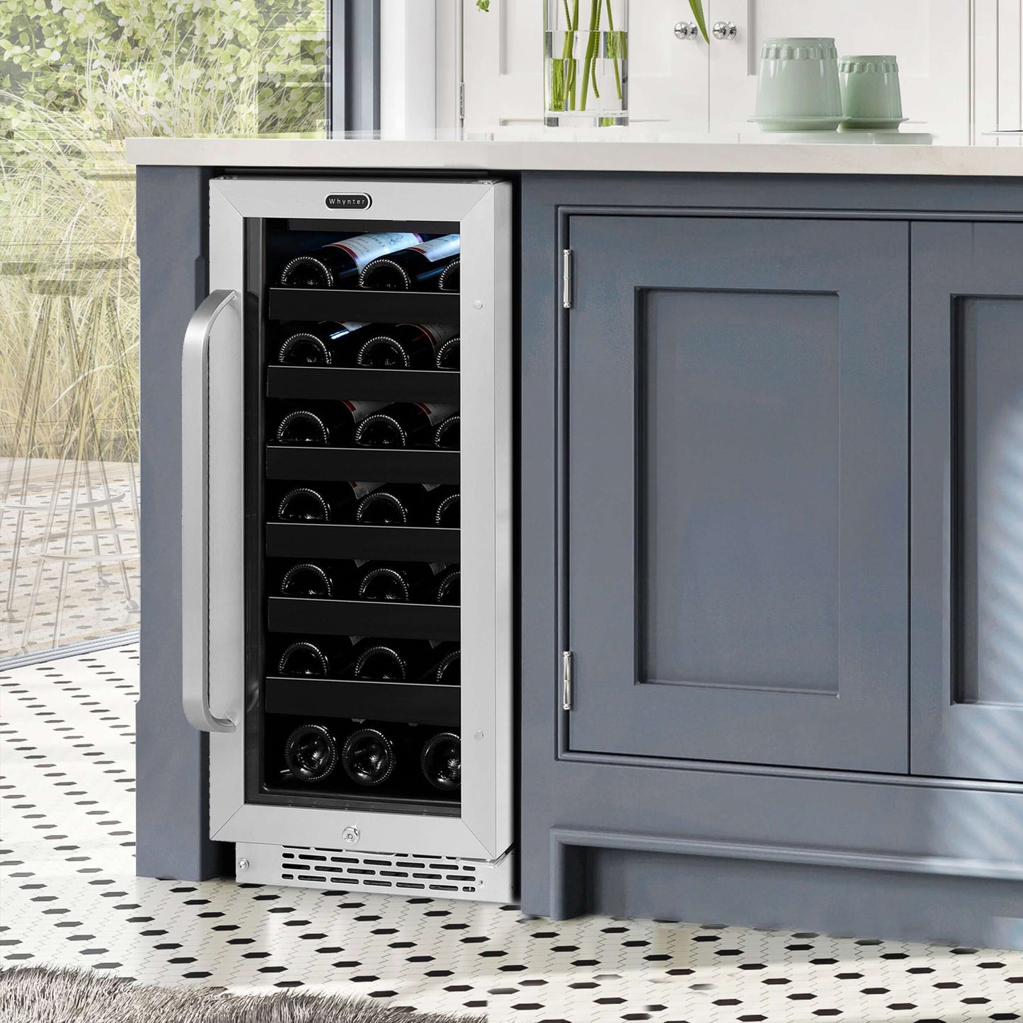 Whynter BWR-308SB 15″ Built-In 33 Bottle Under-counter Stainless Steel Wine Refrigerator image of unit built into cabinet