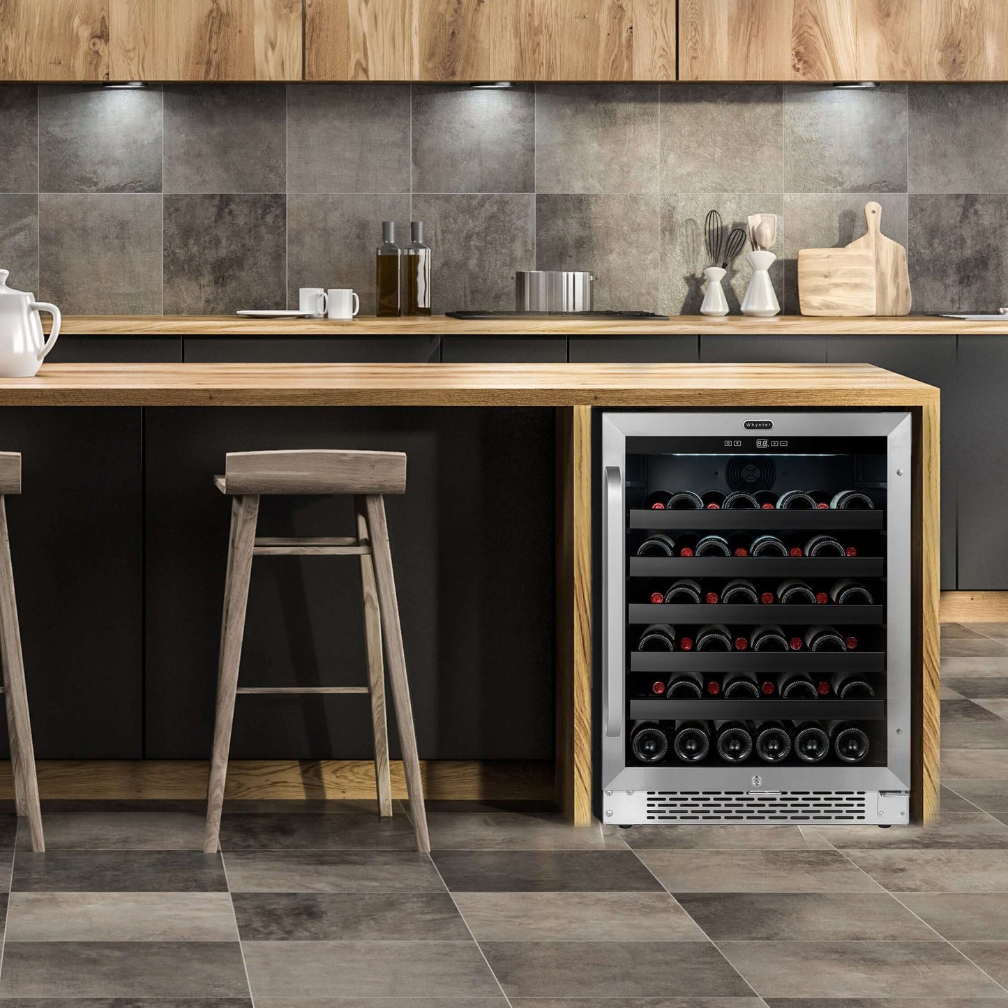 Whynter BWR-408SB 24″ Built-In 46 Bottle Under-counter Stainless Steel Wine Refrigerator image of product built into cabinet