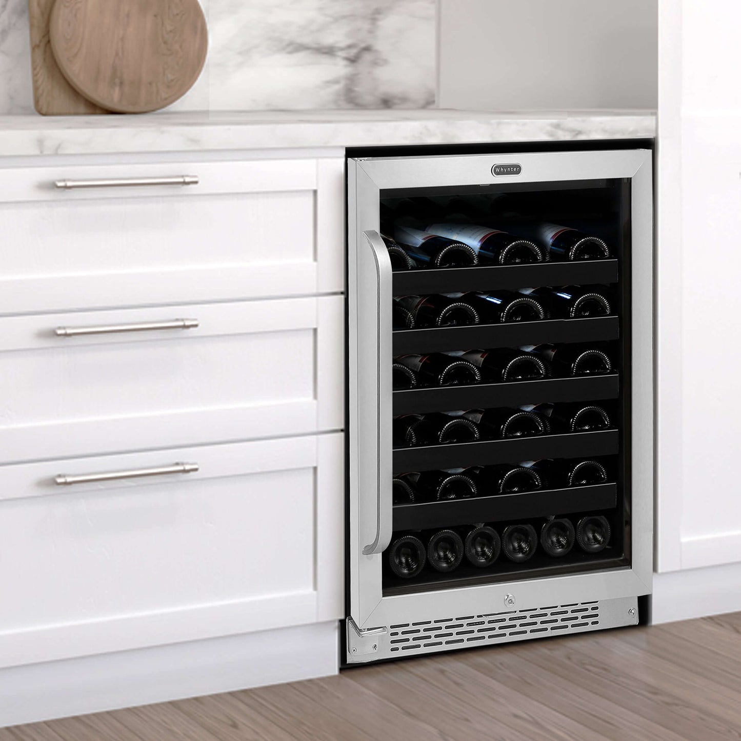 Whynter BWR-408SB 24″ Built-In 46 Bottle Under-counter Stainless Steel Wine Refrigerator image of product built into cabinet