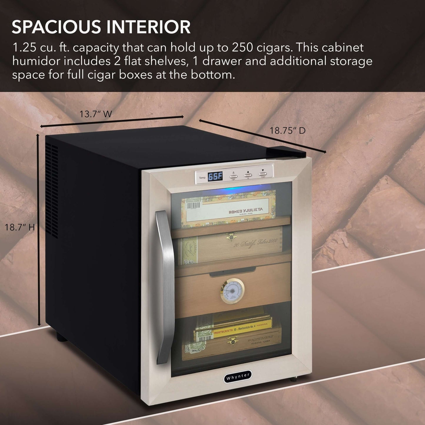 Whynter CHC-120S 250-Count 1.2 cu. ft. Electric Cigar Cooler Humidor - Stainless Steel image of product description