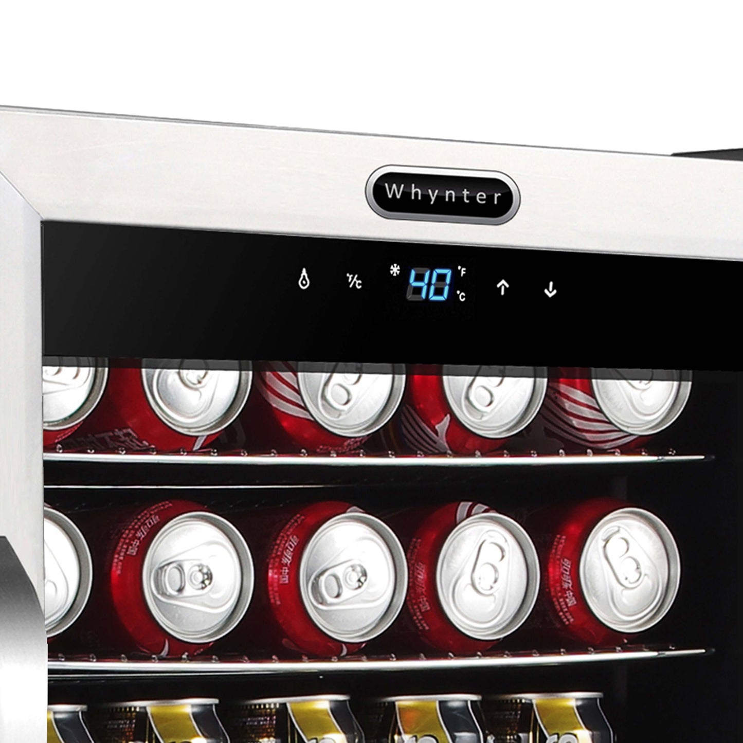 Whynter BR-1211DS 19″ 136 Can Stainless Freestanding Beverage Refrigerator/Cooler image of cans on shelf