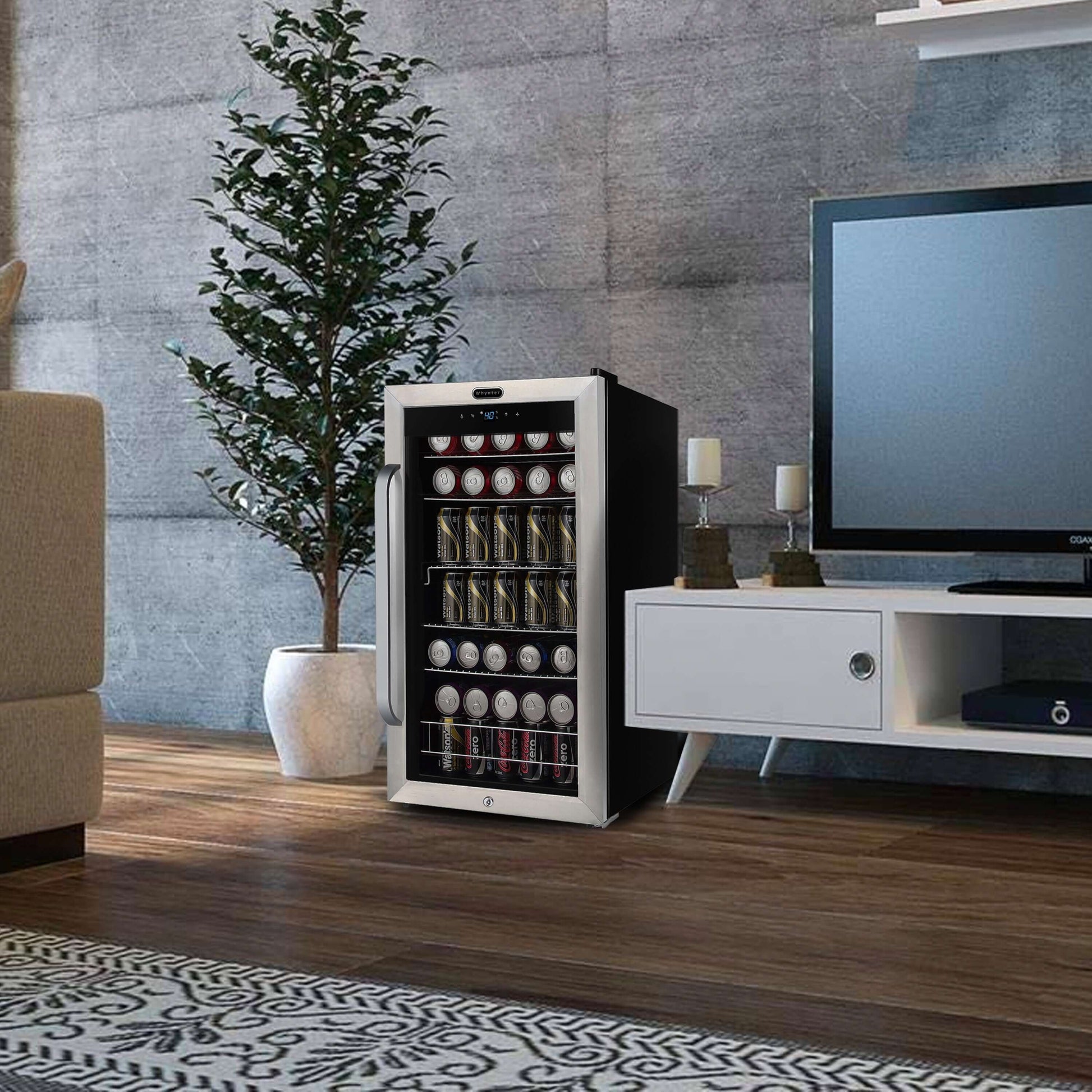 Whynter BR-1211DS 19″ 136 Can Stainless Freestanding Beverage Refrigerator/Cooler image of product standing in room
