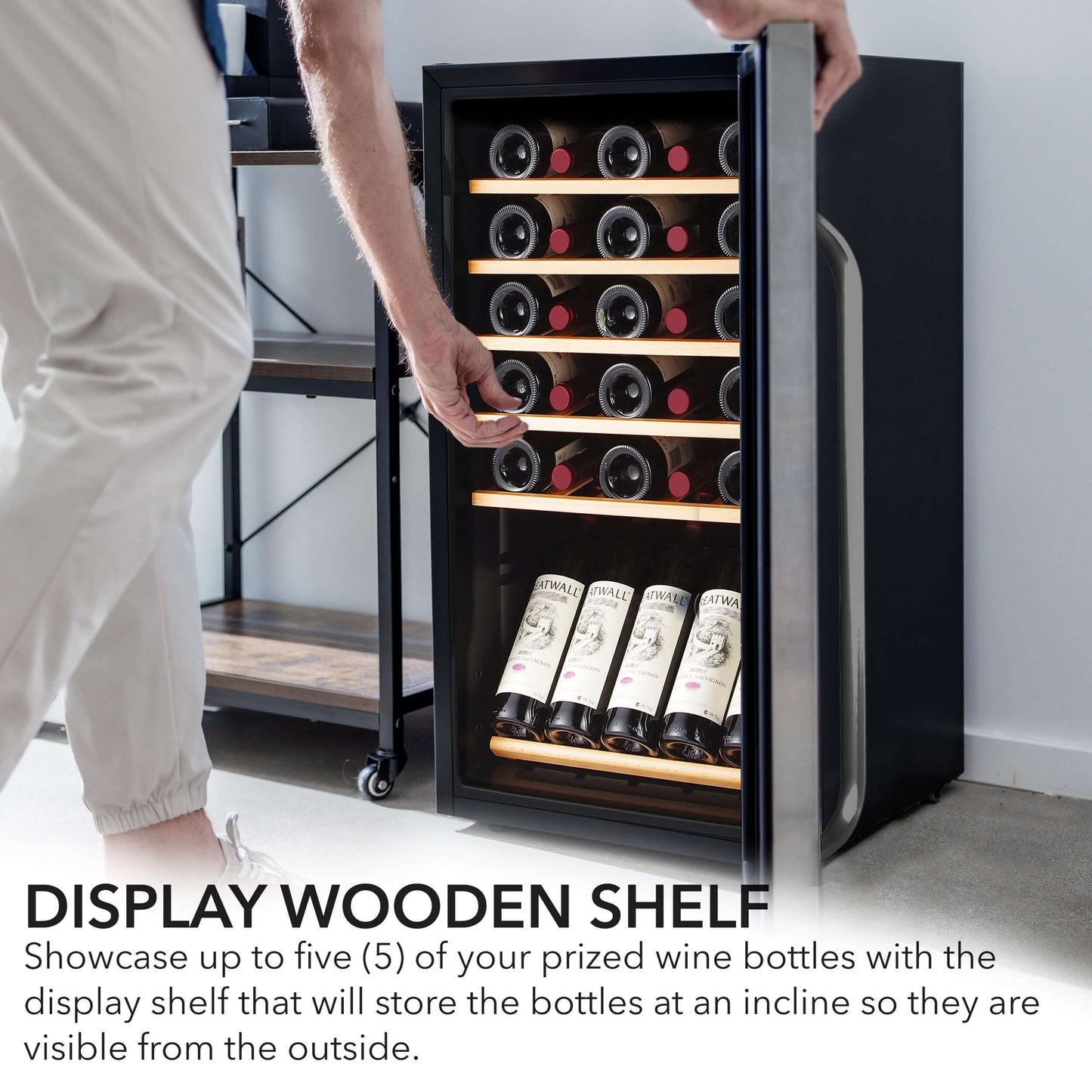Whynter FWC-341TS 34 Bottle Freestanding Stainless Steel Wine Refrigerator with Display Shelf product description