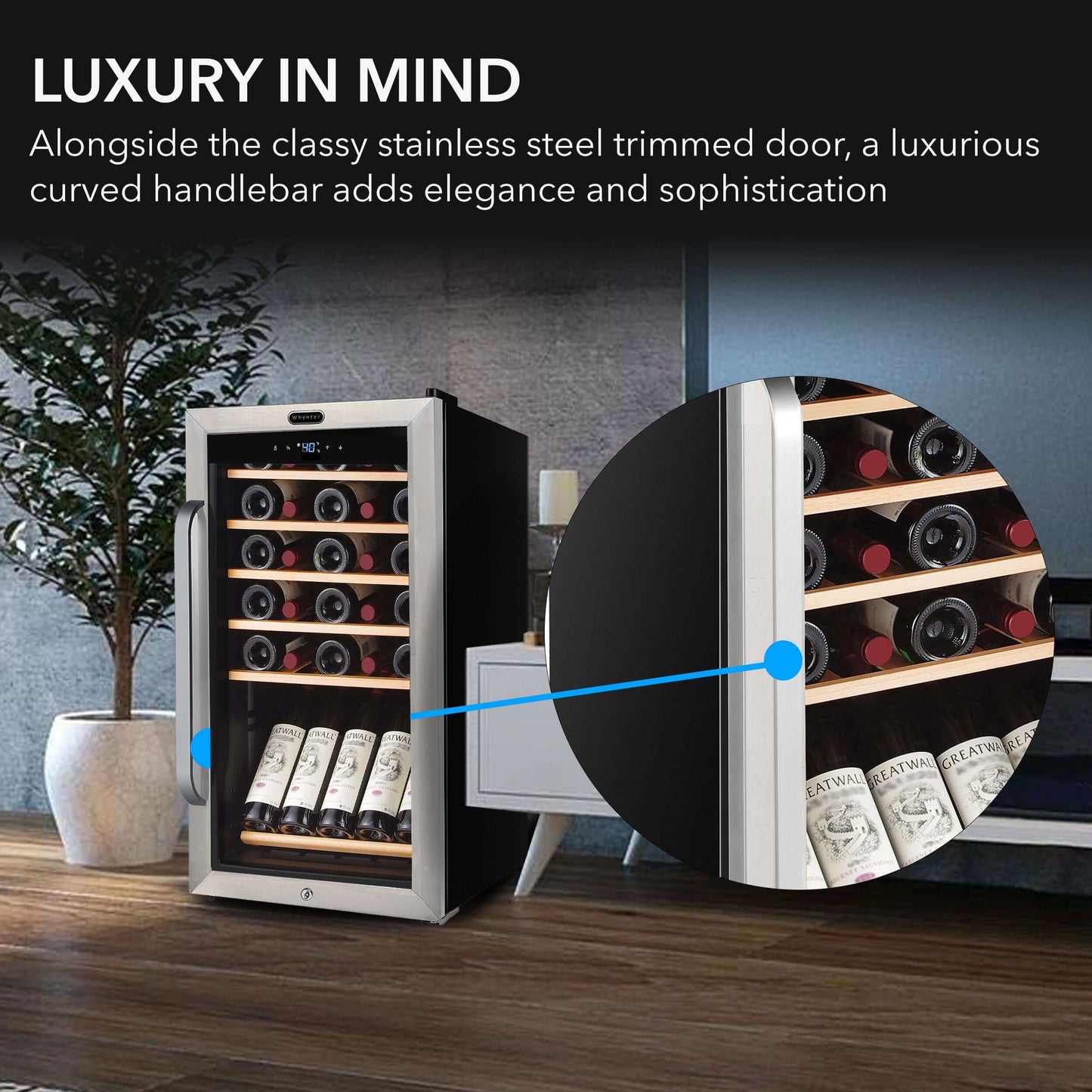 Whynter FWC-341TS 34 Bottle Freestanding Stainless Steel Wine Refrigerator with Display Shelf product description