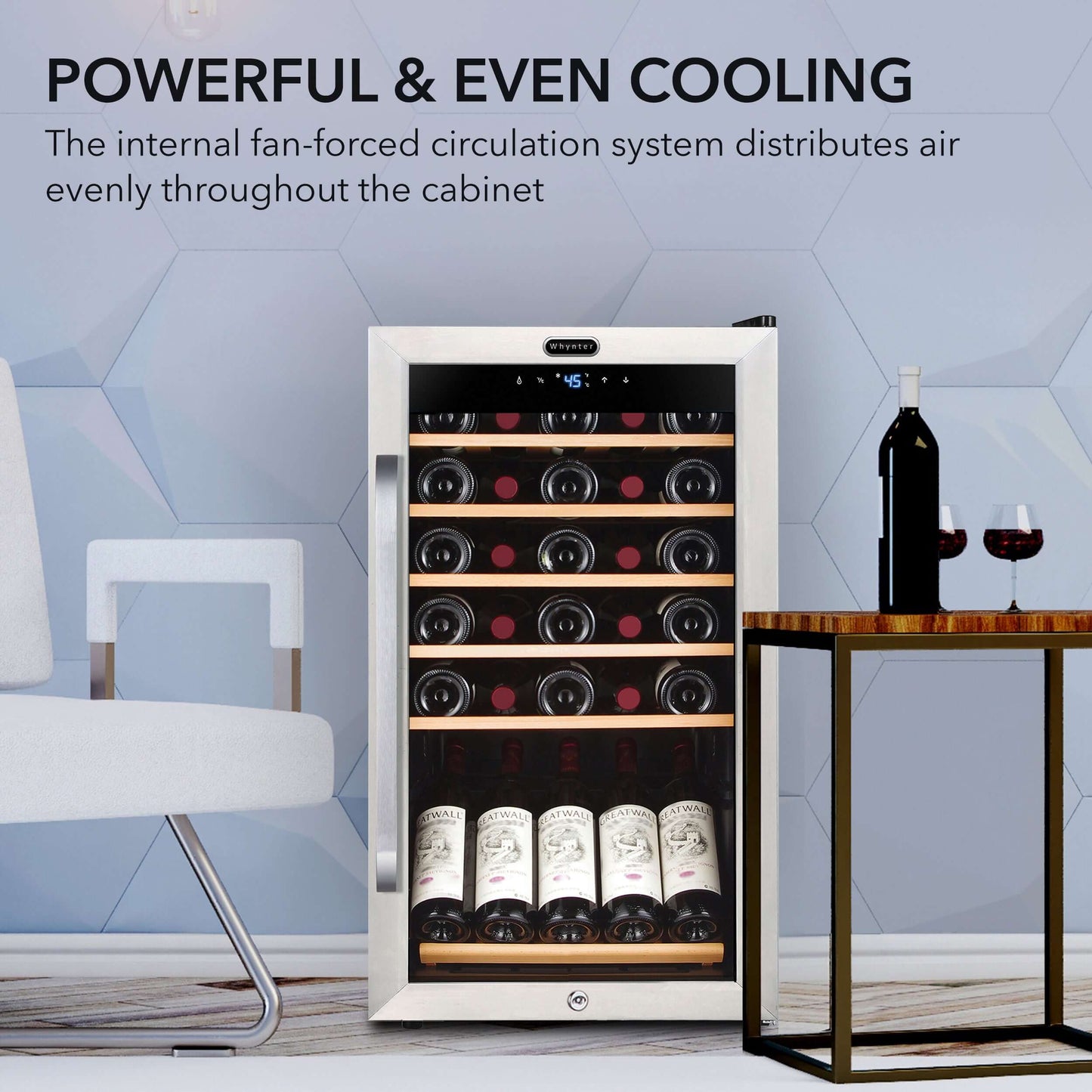 Whynter FWC-341TS 34 Bottle Freestanding Stainless Steel Wine Refrigerator with Display Shelf product description