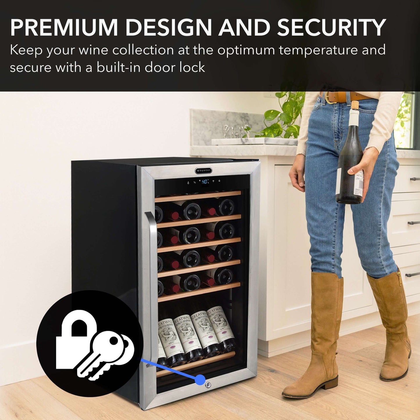 Whynter FWC-341TS 34 Bottle Freestanding Stainless Steel Wine Refrigerator with Display Shelf product description