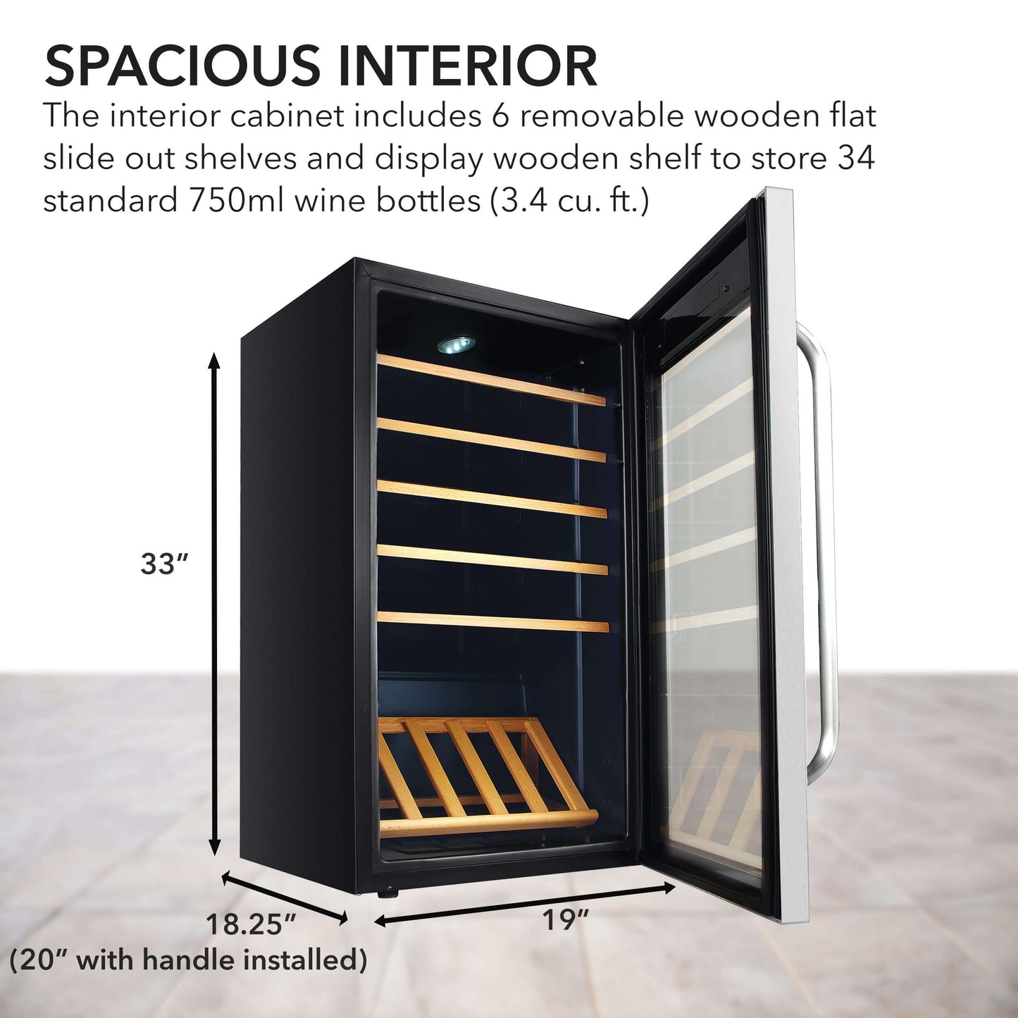 Whynter FWC-341TS 34 Bottle Freestanding Stainless Steel Wine Refrigerator with Display Shelf product dimensions