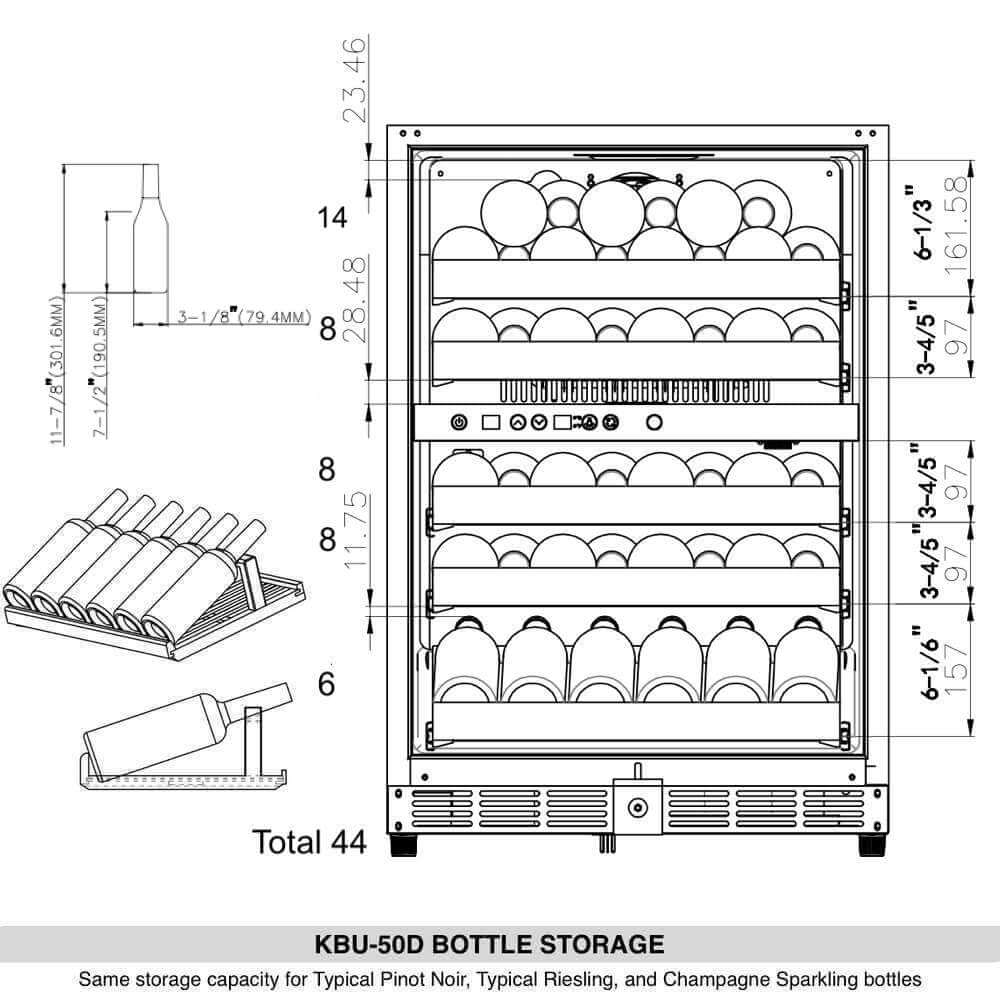 Premium 24-Inch Dual Zone Wine Refrigerator KBU50DX bottle diagram