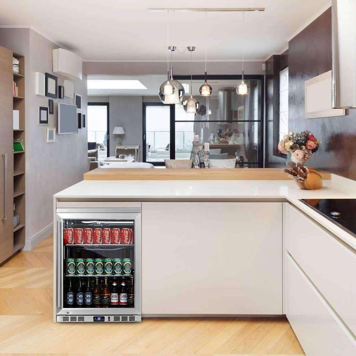 24 Inch Under Counter Beverage Cooler with Heating Glass Door KBU55M Built into cabinet