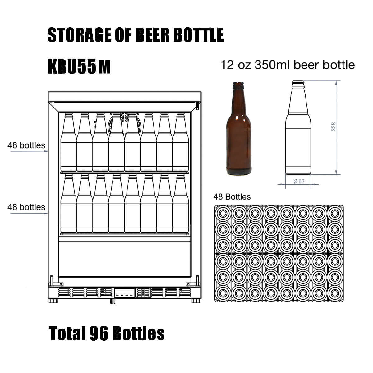 24 Inch Under Counter Beverage Cooler with Heating Glass Door KBU55M with image of bottle capacity