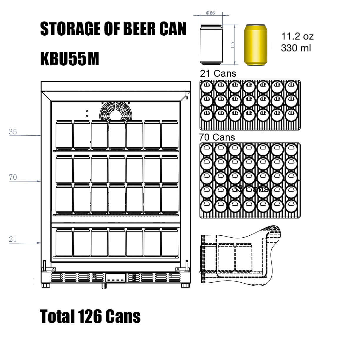 24 Inch Under Counter Beverage Cooler with Heating Glass Door KBU55M with image of can capacity