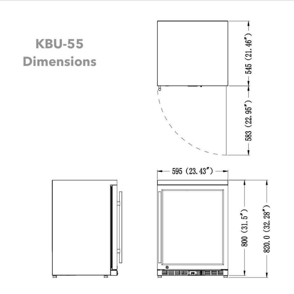 24 Inch Under Counter Beverage Cooler with Heating Glass Door KBU55M sizing diagram with dimensions