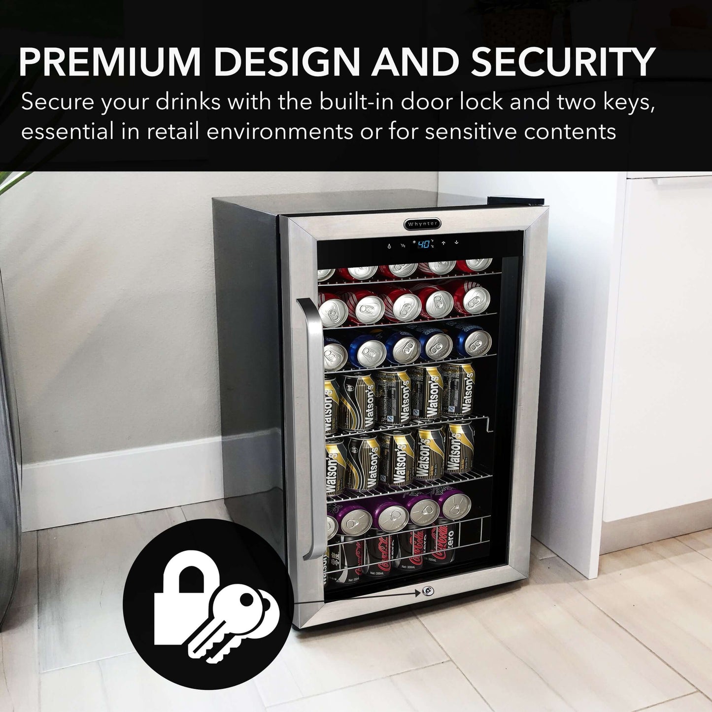 Whynter BR-1211DS 19″ 136 Can Stainless Freestanding Beverage Refrigerator/Cooler image of product description