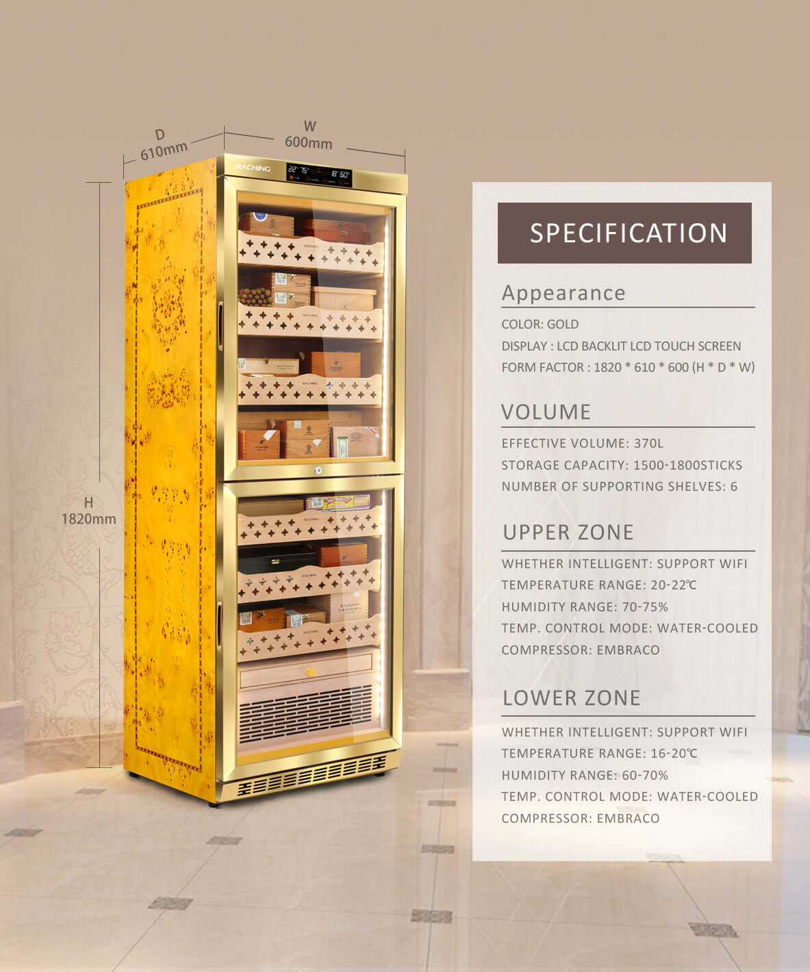 Raching MON3800B Precision Climate Controlled Cigar Humidor Cabinet image of product description