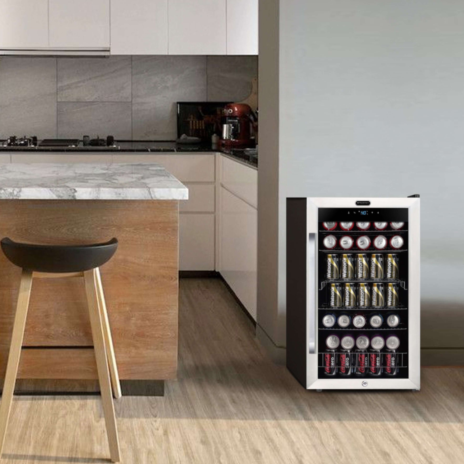 Whynter BR-1211DS 19″ 136 Can Stainless Freestanding Beverage Refrigerator/Cooler image of product standing in room