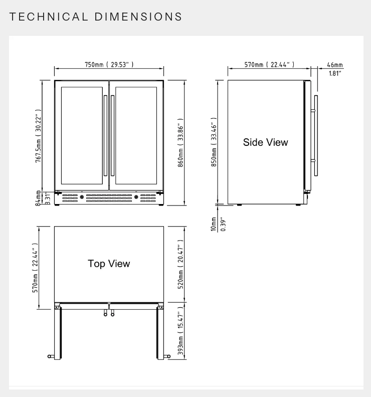 Kings Bottle 30" Combination Beer and Wine Cooler with Low-E Glass Door KBU165BW-BLK image of dimensions