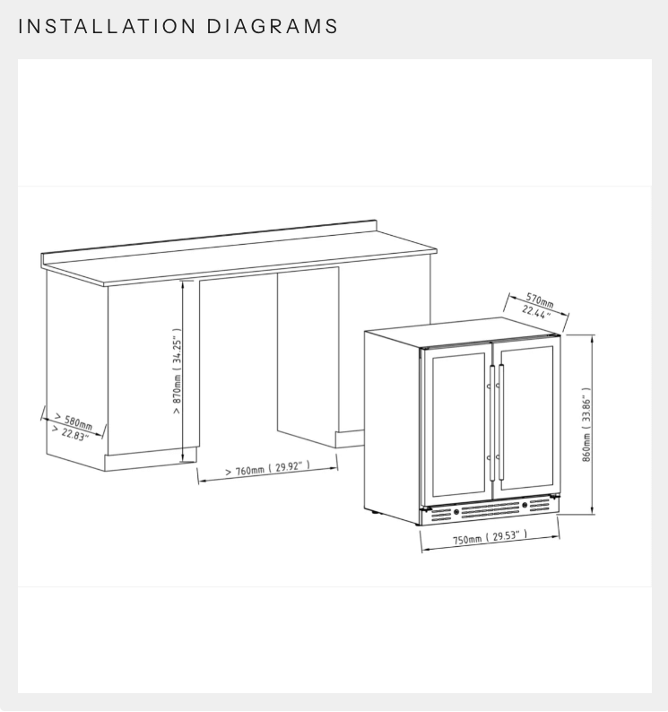 Kings Bottle 30" Combination Beer and Wine Cooler with Low-E Glass Door KBU165BW-BLK image of dimensions