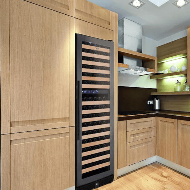 Kings Bottle Tall Large Wine Refrigerator With Glass Door With Stainless Steel Trim image of unit built into cabinet