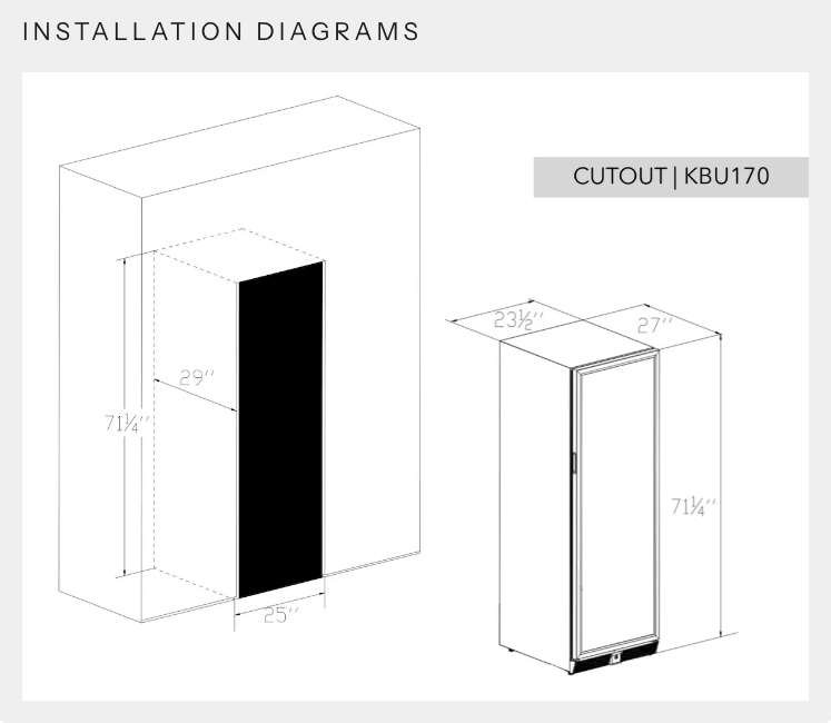 Kings Bottle Tall Large Wine Refrigerator With Glass Door With Stainless Steel Trim image of unit dimensions
