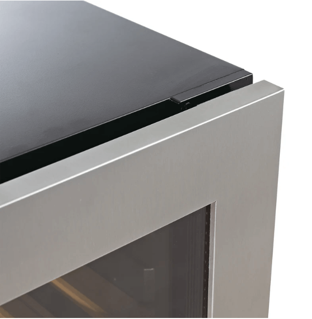 Kings Bottle Upright Wine & Beverage cooler Combo With Triple Temp. Zones image of stainless steel door corner