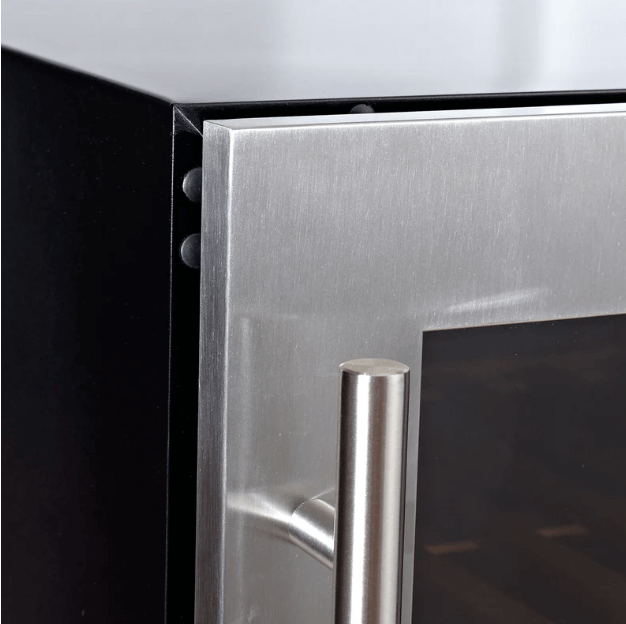 Kings Bottle Upright Wine & Beverage cooler Combo With Triple Temp. Zones image of stainless steel door corner