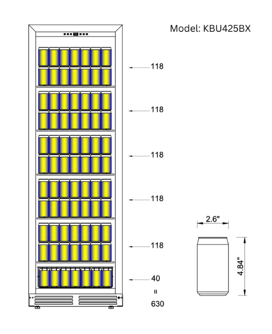 Kings Bottle Upright Wine & Beverage cooler Combo With Triple Temp. Zones image of diagram of can storage
