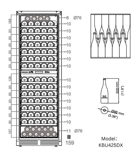 Kings Bottle Upright Wine & Beverage cooler Combo With Triple Temp. Zones image of diagram of bottle storage