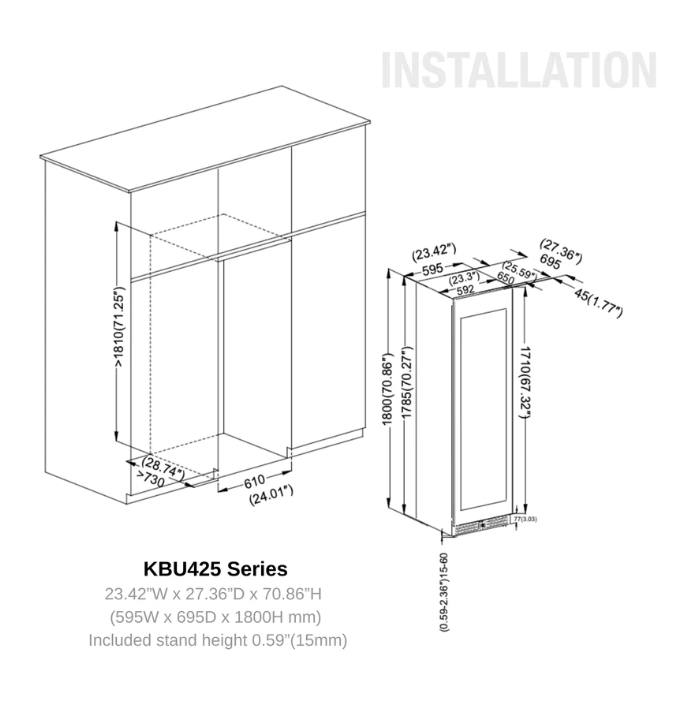 Kings Bottle Upright Wine & Beverage cooler Combo With Triple Temp. Zones image of dimensions