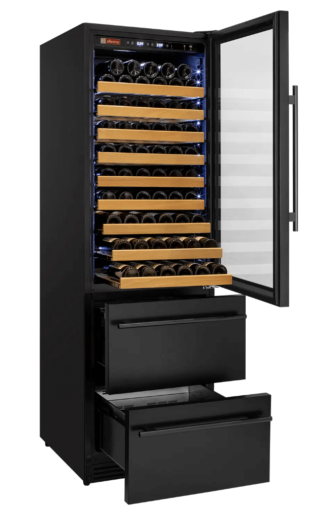 Allavino 108 Bottle Black or Stainless Wine Refrigerator with Two Refrigerated Drawers