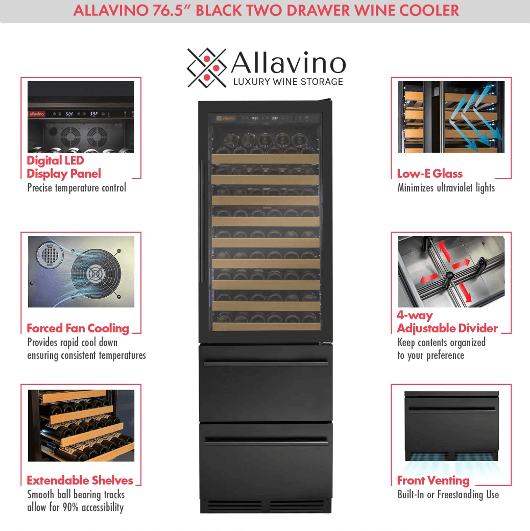Allavino 108 Bottle Black or Stainless Wine Refrigerator with Two Refrigerated Drawers / product description