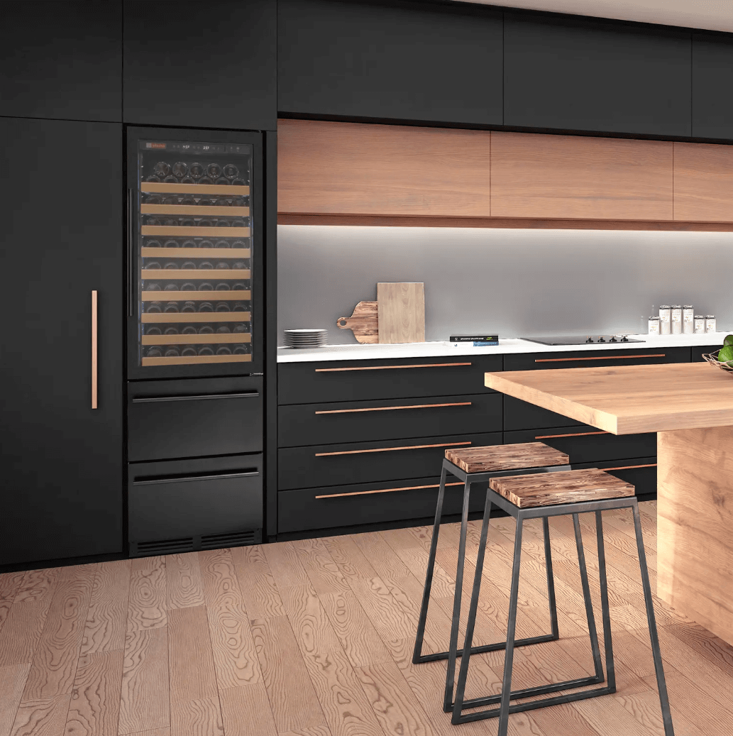Allavino 108 Bottle Black or Stainless Wine Refrigerator with Two Refrigerated Drawers built into cabinet
