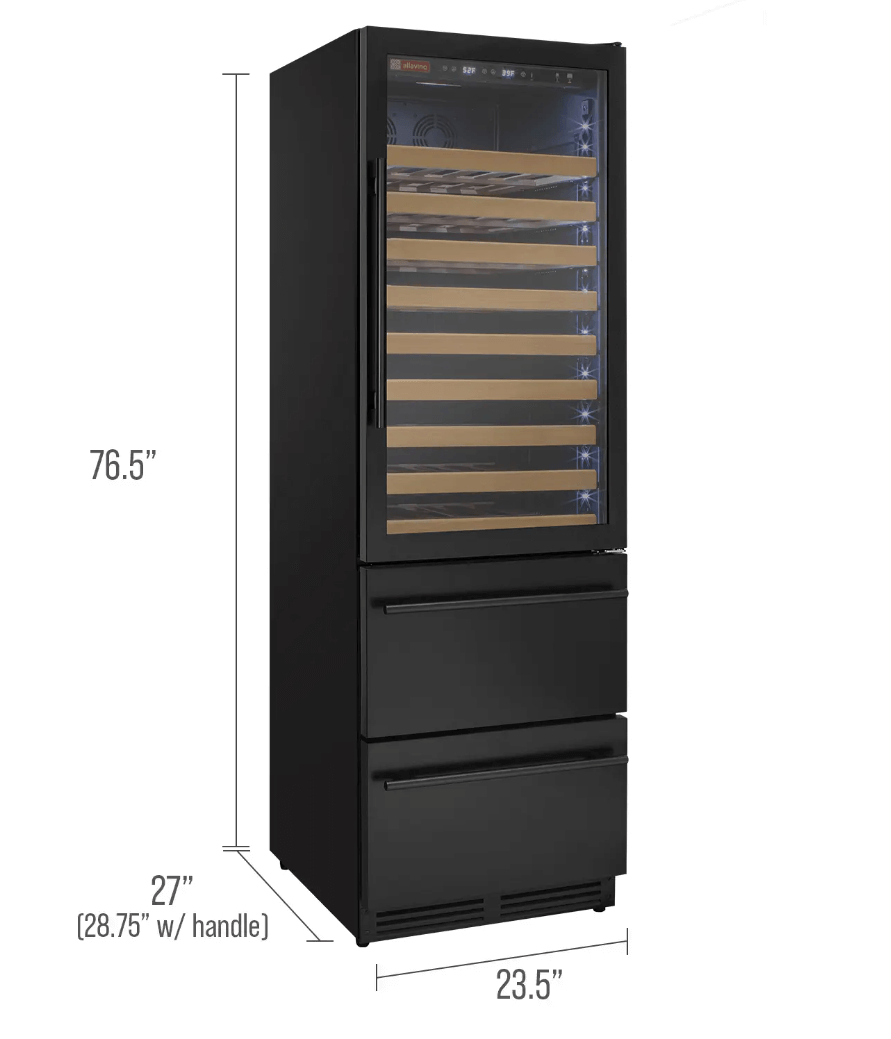 Allavino 108 Bottle Black or Stainless Wine Refrigerator with Two Refrigerated Drawers with dimensions