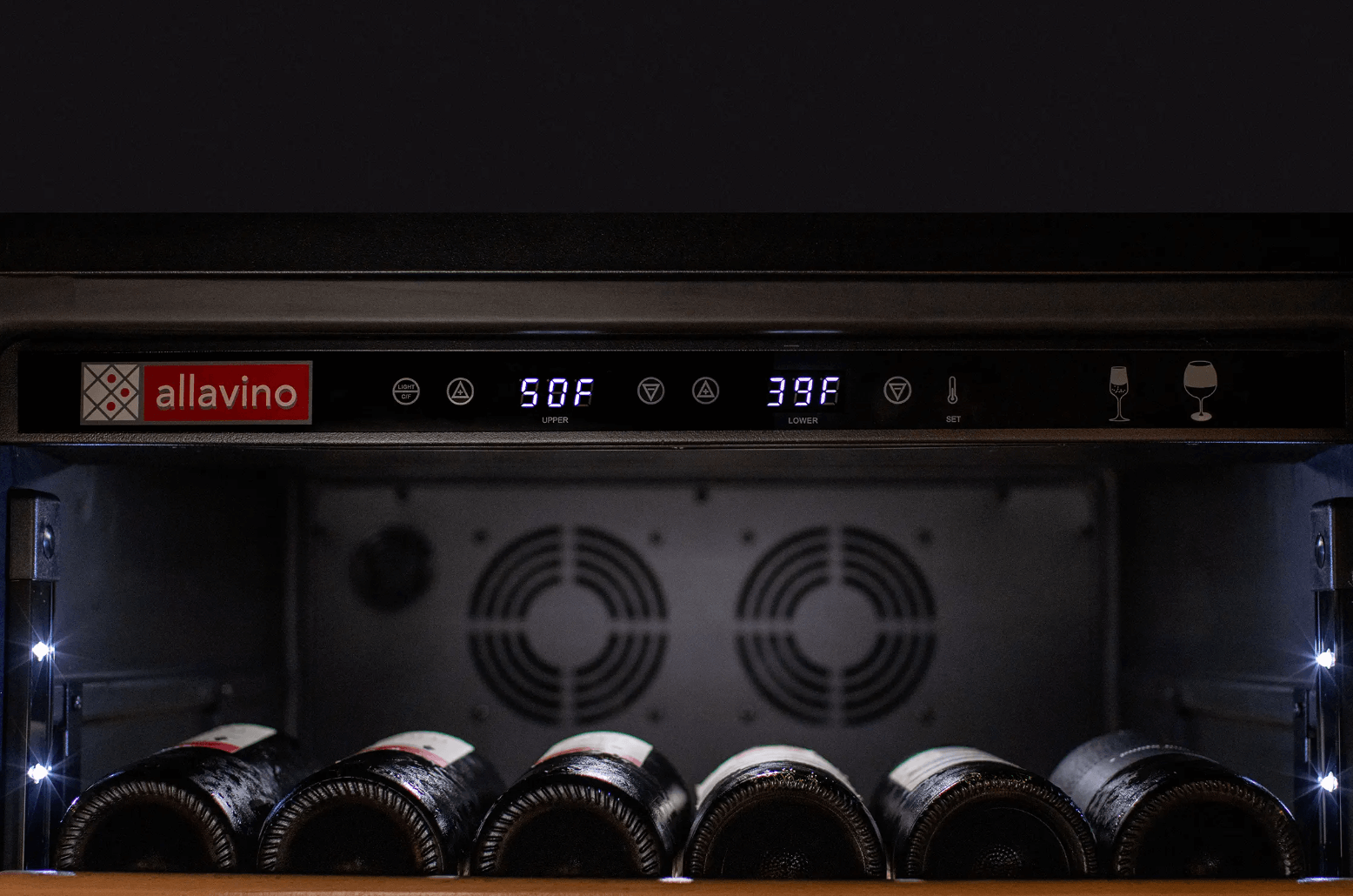 Allavino 108 Bottle Black or Stainless Wine Refrigerator with Two Refrigerated Drawers image of temp readout