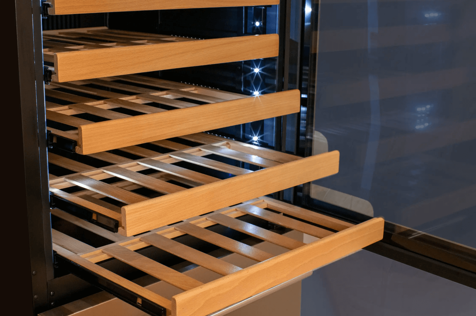 Allavino 108 Bottle Black or Stainless Wine Refrigerator with Two Refrigerated Drawers image of wine shelf drawers