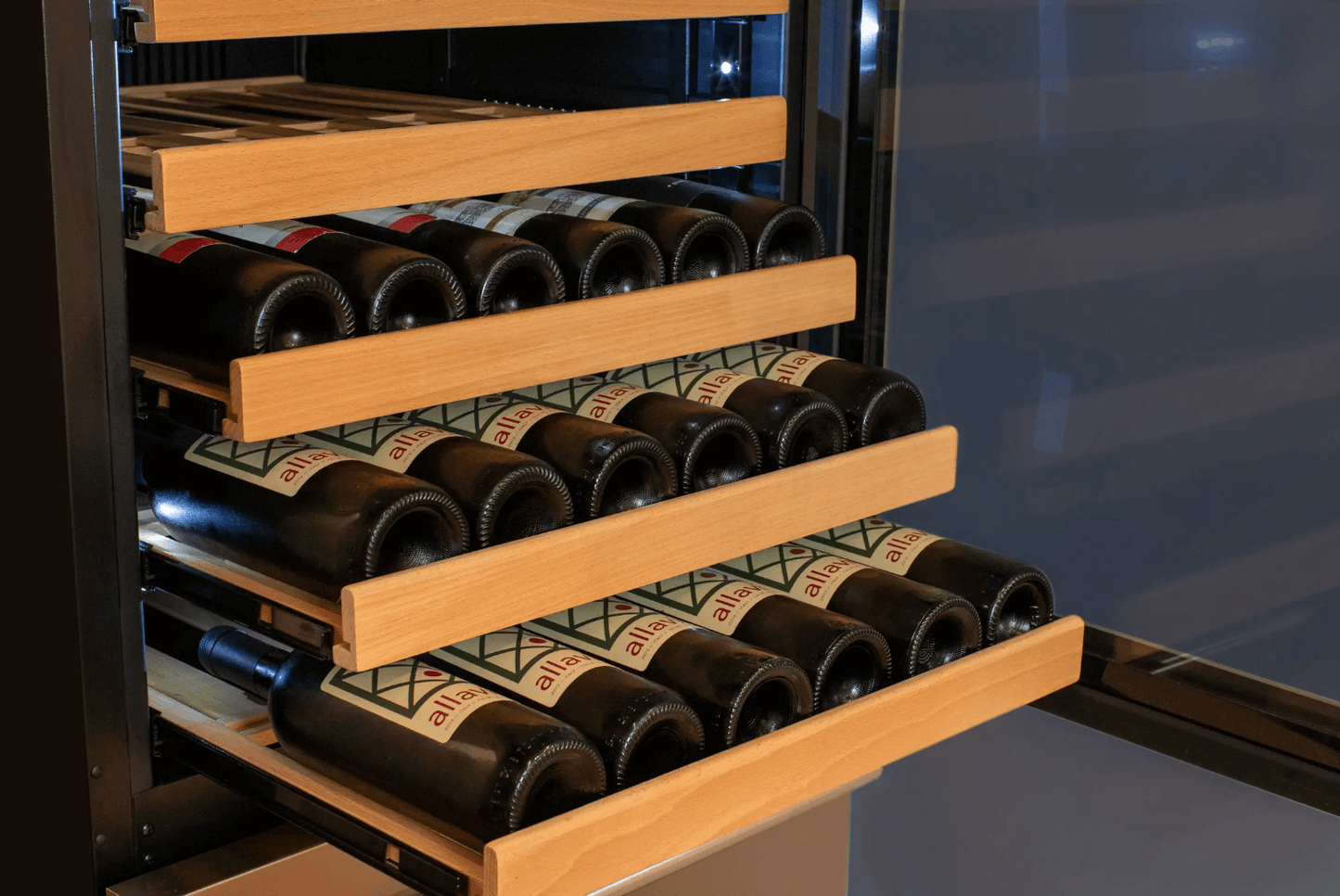 Allavino 108 Bottle Black or Stainless Wine Refrigerator with Two Refrigerated Drawers image of wine shelf drawers