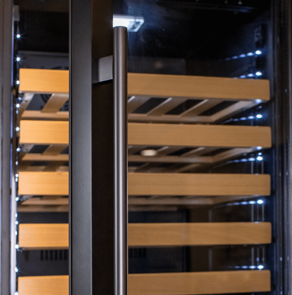 Allavino 108 Bottle Black or Stainless Wine Refrigerator with Two Refrigerated Drawers image of door handle