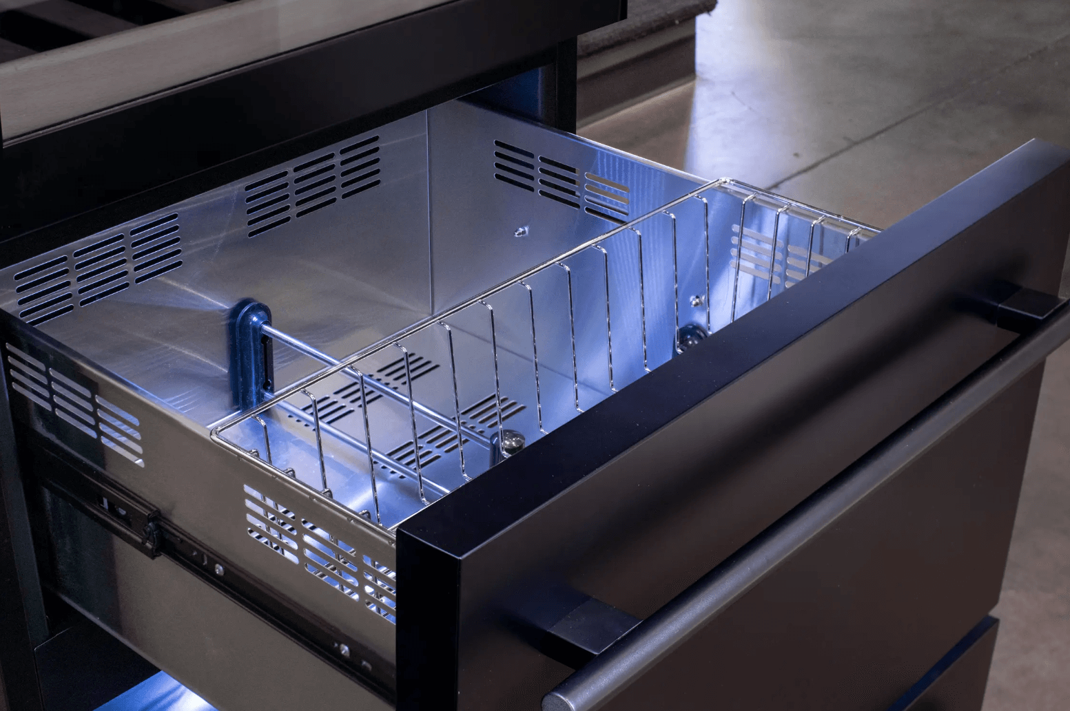 Allavino 108 Bottle Black or Stainless Wine Refrigerator with Two Refrigerated Drawers image of beverage drawer empty