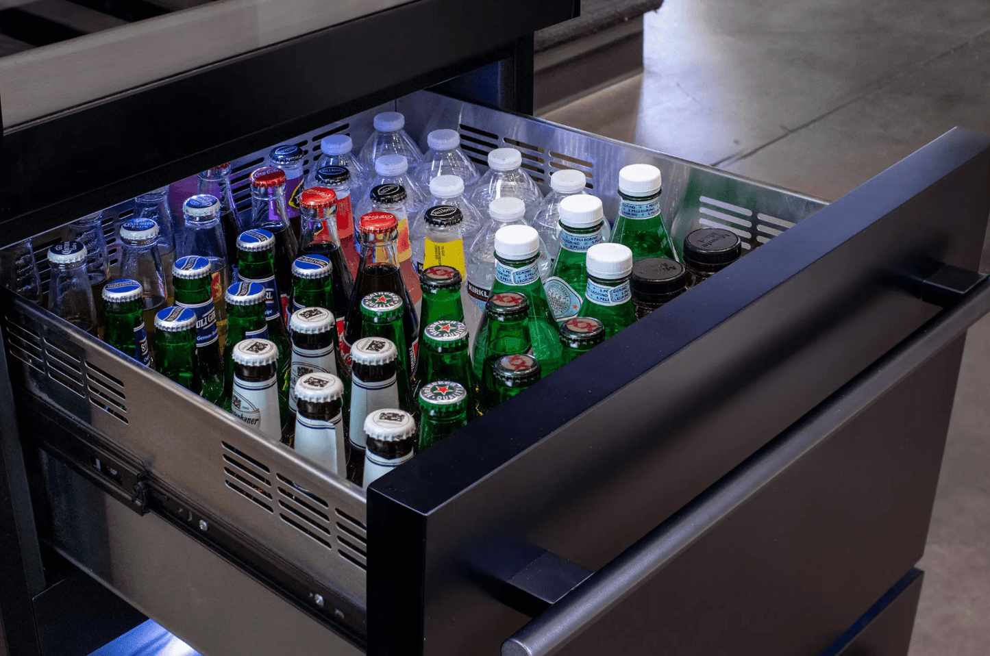 Allavino 108 Bottle Black or Stainless Wine Refrigerator with Two Refrigerated Drawers image of beverage drawer filled with bottles and cans