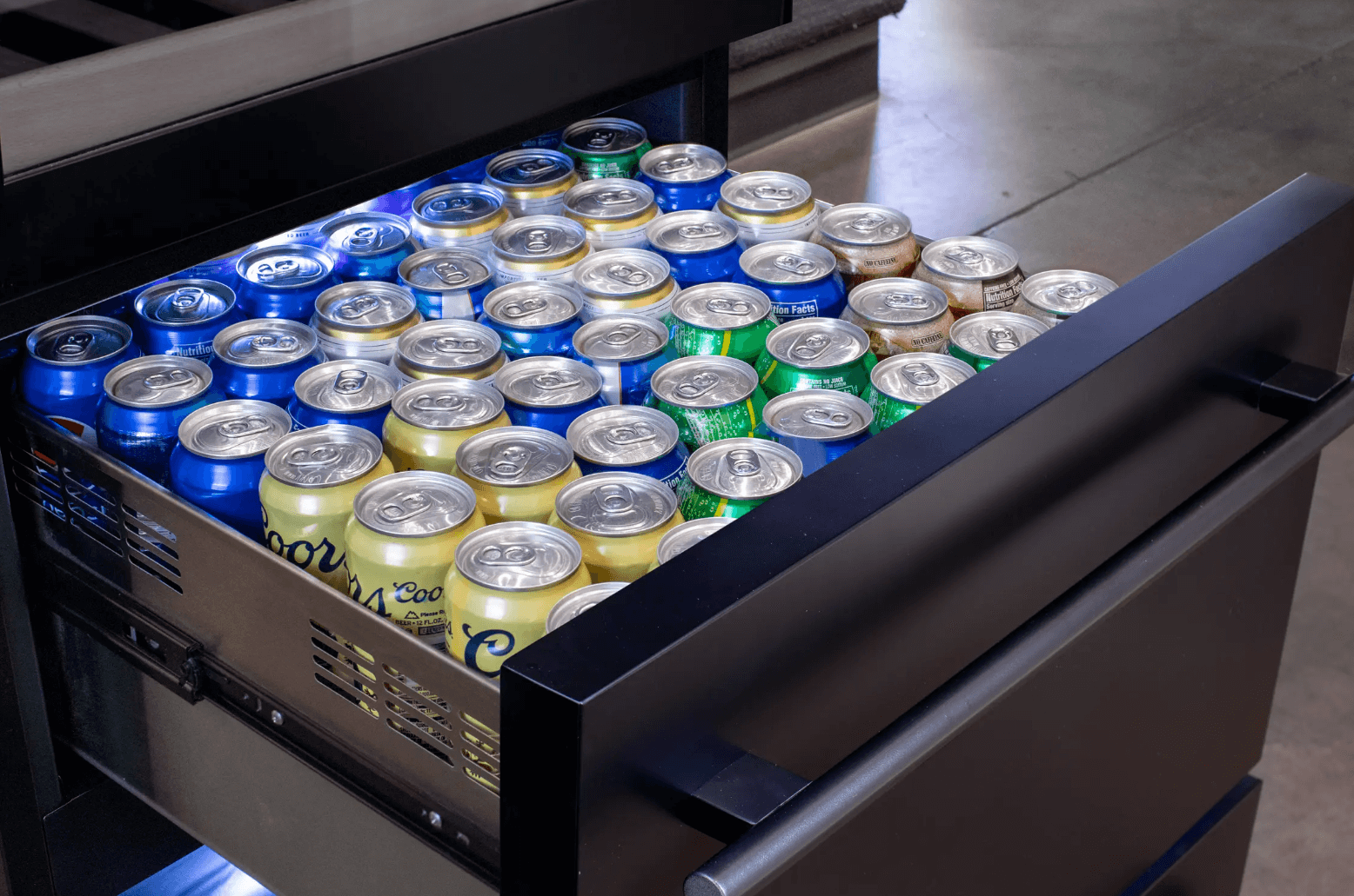 Allavino 108 Bottle Black or Stainless Wine Refrigerator with Two Refrigerated Drawers image of beverage drawer filled with bottles and cans