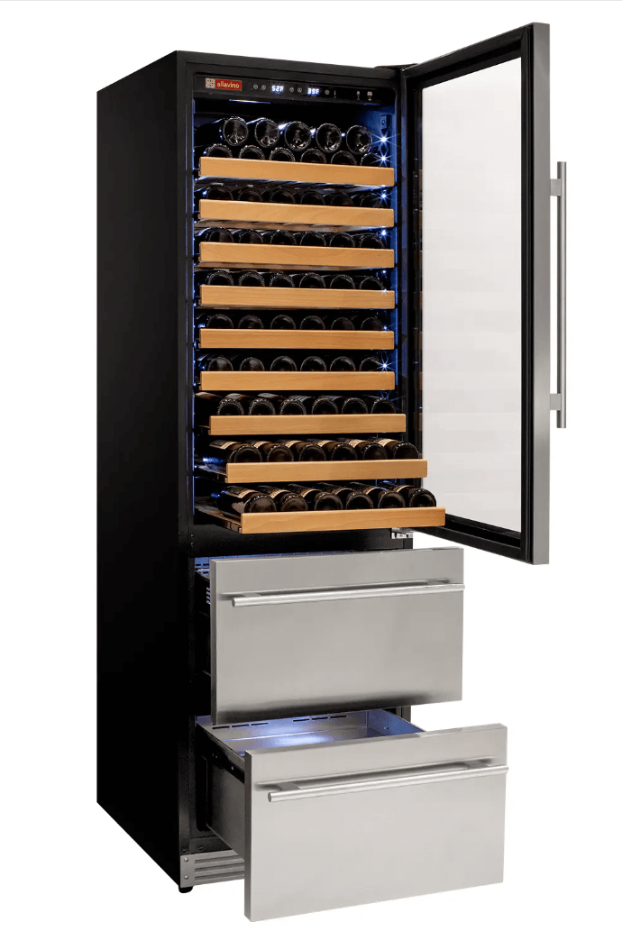 Allavino 108 Bottle Black or Stainless Wine Refrigerator with Two Refrigerated Drawers