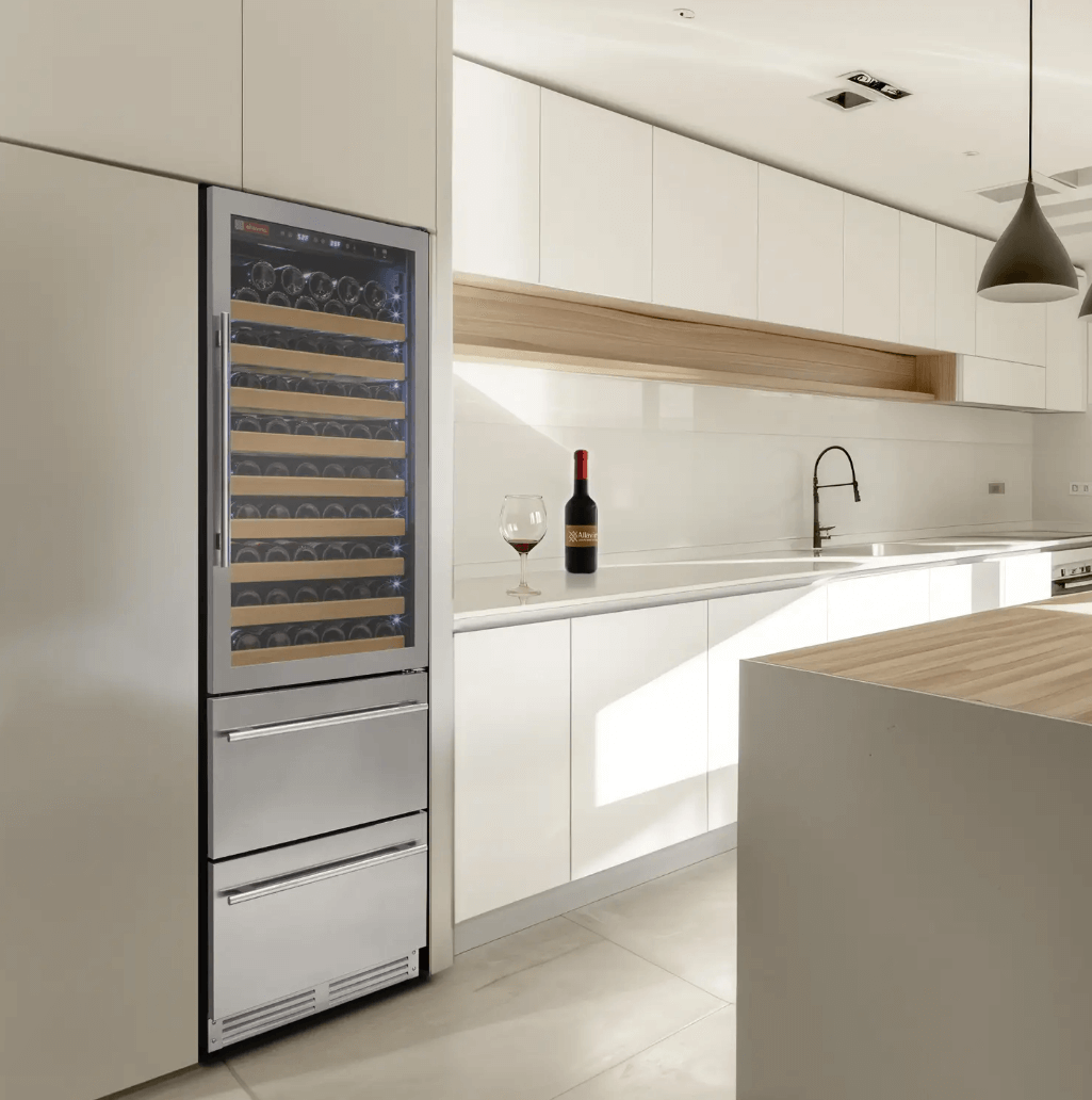 Allavino 108 Bottle Black or Stainless Wine Refrigerator with Two Refrigerated Drawers built into cabinet