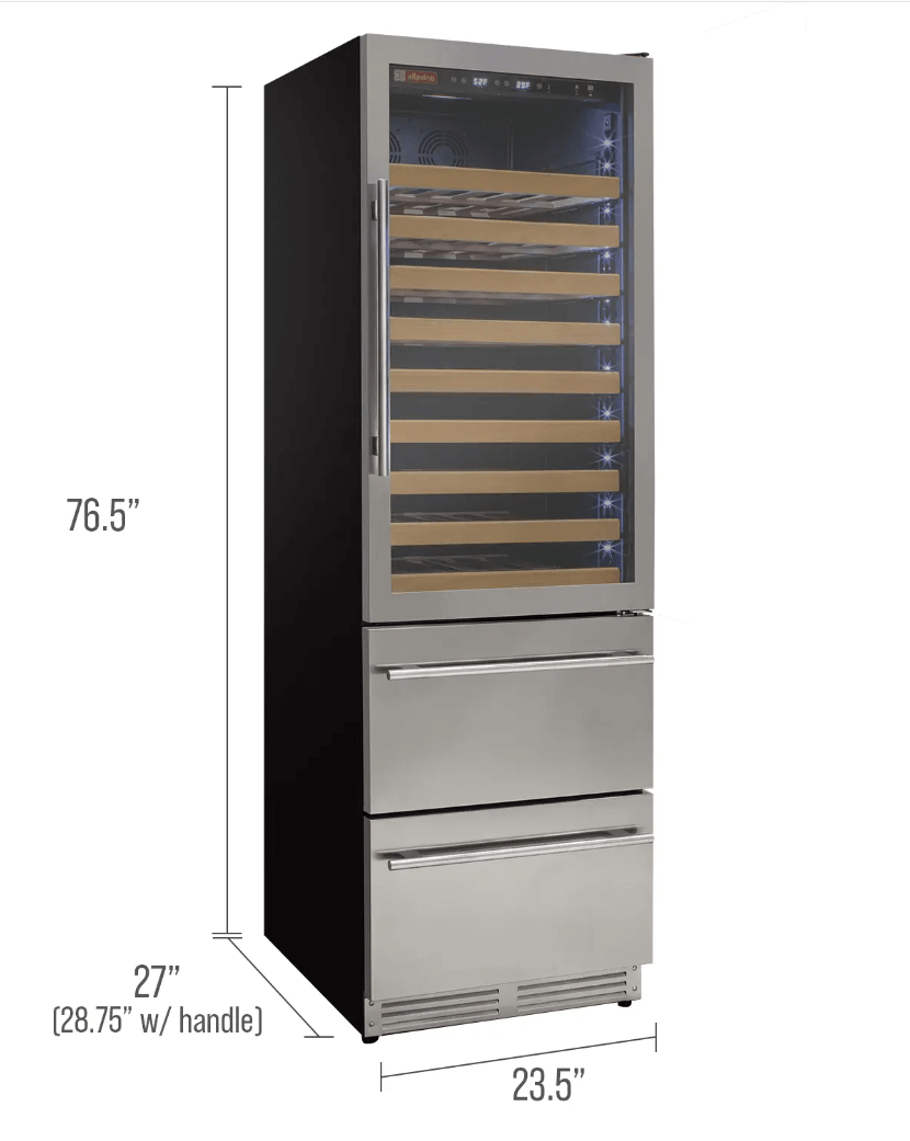Allavino 108 Bottle Black or Stainless Wine Refrigerator with Two Refrigerated Drawers with dimensions