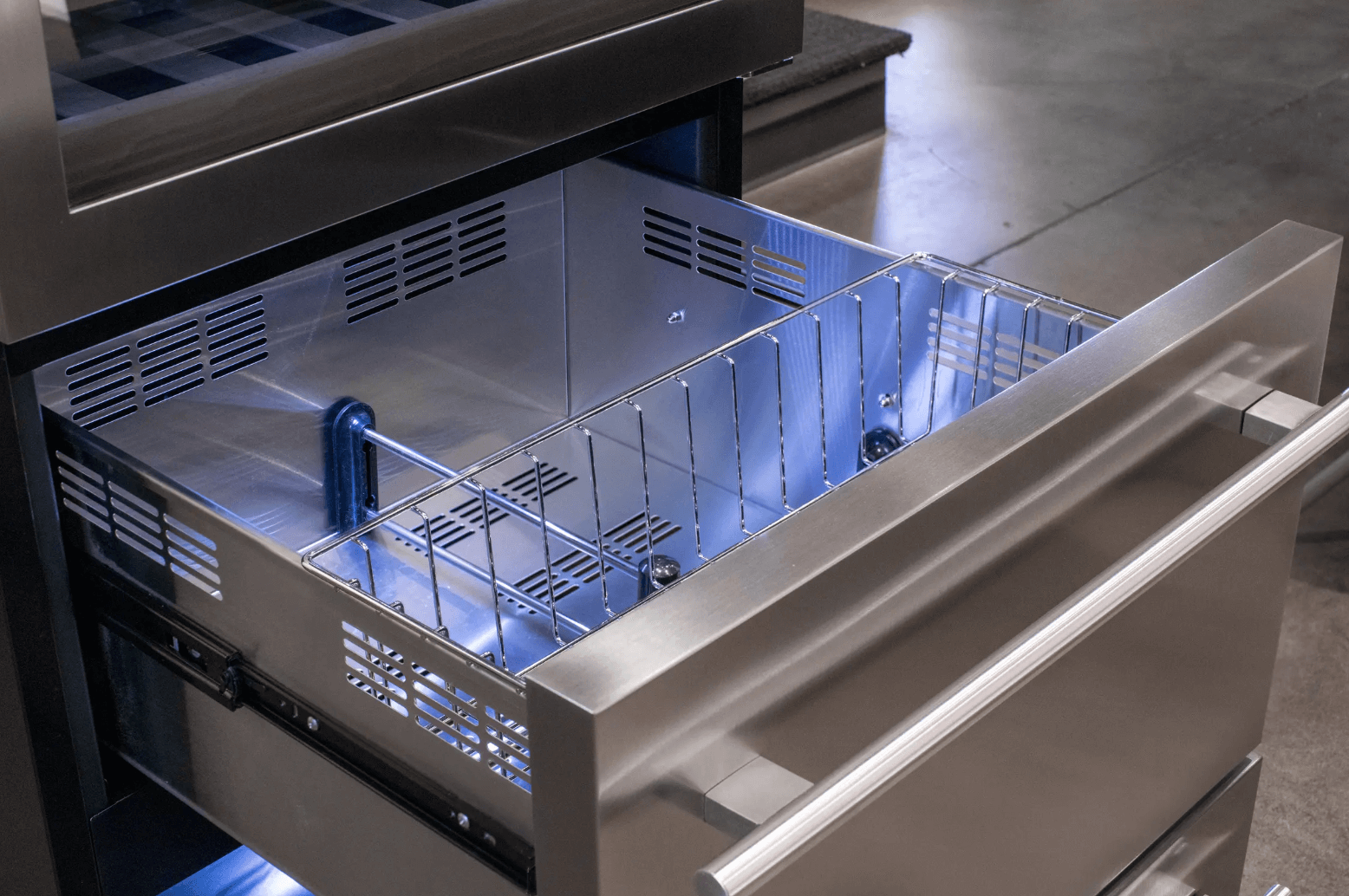 Allavino 108 Bottle Black or Stainless Wine Refrigerator with Two Refrigerated Drawers image of beverage drawer empty